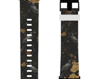 May include: Black watch band featuring a repeating pattern of crows and golden flowers. The band has a black buckle and a white connector. The design is set against a dark background, creating a gothic aesthetic.
