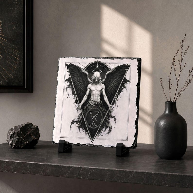 Puede incluir: Ilustraci&oacute;n en blanco y negro de una figura alada con halo, enmarcada en un tri&aacute;ngulo y un c&iacute;rculo. La obra de arte se muestra sobre una piedra cuadrada texturizada. Se apoya en dos soportes negros, con un jarr&oacute;n negro y una piedra en la superficie.