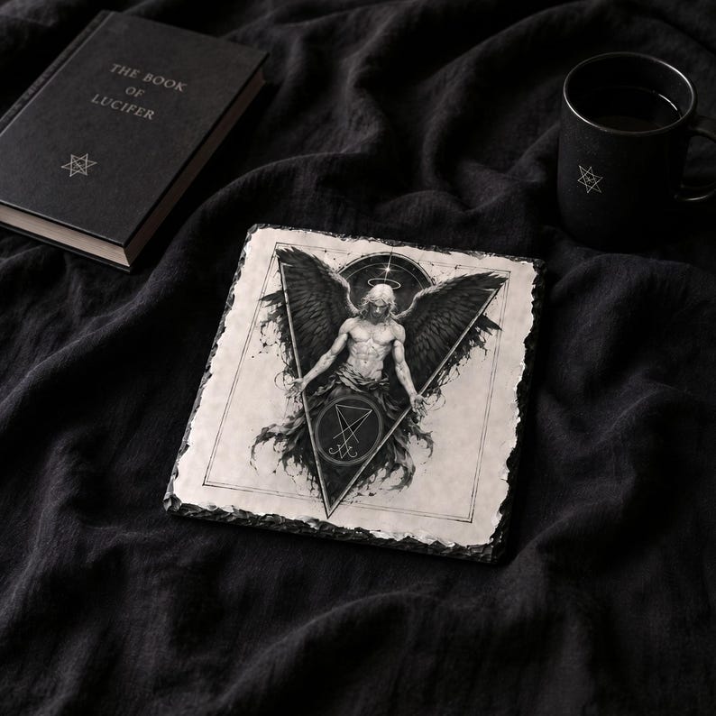 Puede incluir: Ilustraci&oacute;n en blanco y negro de un &aacute;ngel con grandes alas y un halo, sobre un posavasos cuadrado. Una taza negra y un libro titulado "THE BOOK OF LUCIFER" tambi&eacute;n est&aacute;n presentes en la imagen.