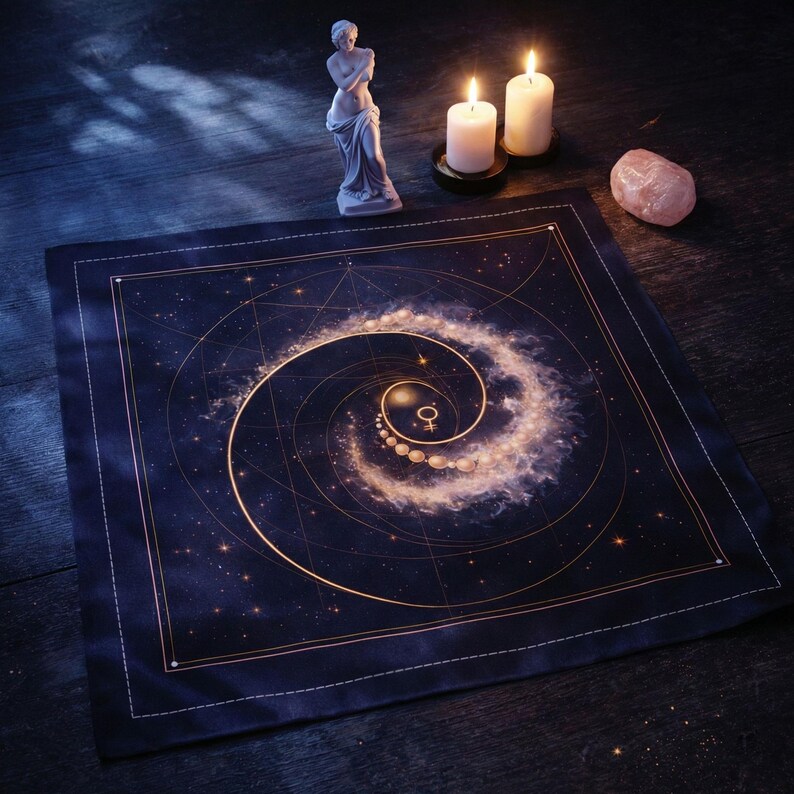 May include: A dark blue square cloth with a gold spiral galaxy design, geometric lines, and a border. A small statue, two lit candles, and a pink crystal are arranged around the cloth on a dark wooden surface.
