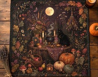Samhain-Altartuch | Tarottuch mit Hexenmotiv und schwarzer Katze für den Herbst | Heidnischer Halloween-Wandteppich