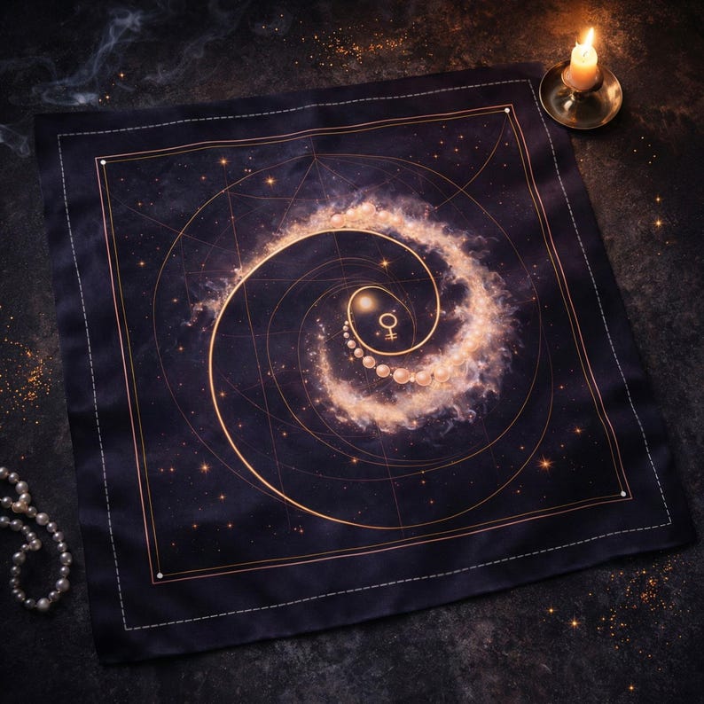 May include: A dark blue square scarf with a celestial design. A golden spiral galaxy design is in the center, with a female symbol. The scarf has a white stitched border and a pearl necklace is in the corner.