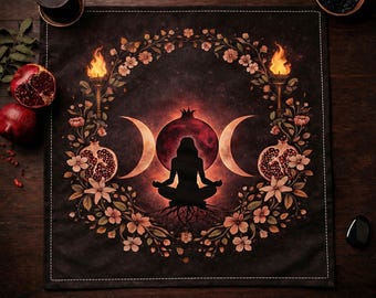 Persephone Altar Cloth | Pomegranate Triple Moon | Greek Goddess Cotton Twill Tarot Altar