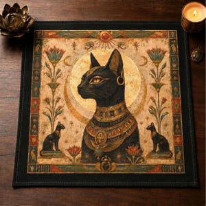 Bastet Altar Cloth | Egyptian Cat Goddess Cotton Twill Mat | Protection Ritual | Ankh Symbol Decor