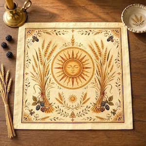 May include: A square cream-coloured fabric napkin featuring a central illustration of a sun with a human face, flanked by two large bundles of wheat stalks and dark blackberries. The border is decorated with intricate botanical patterns and leaves.