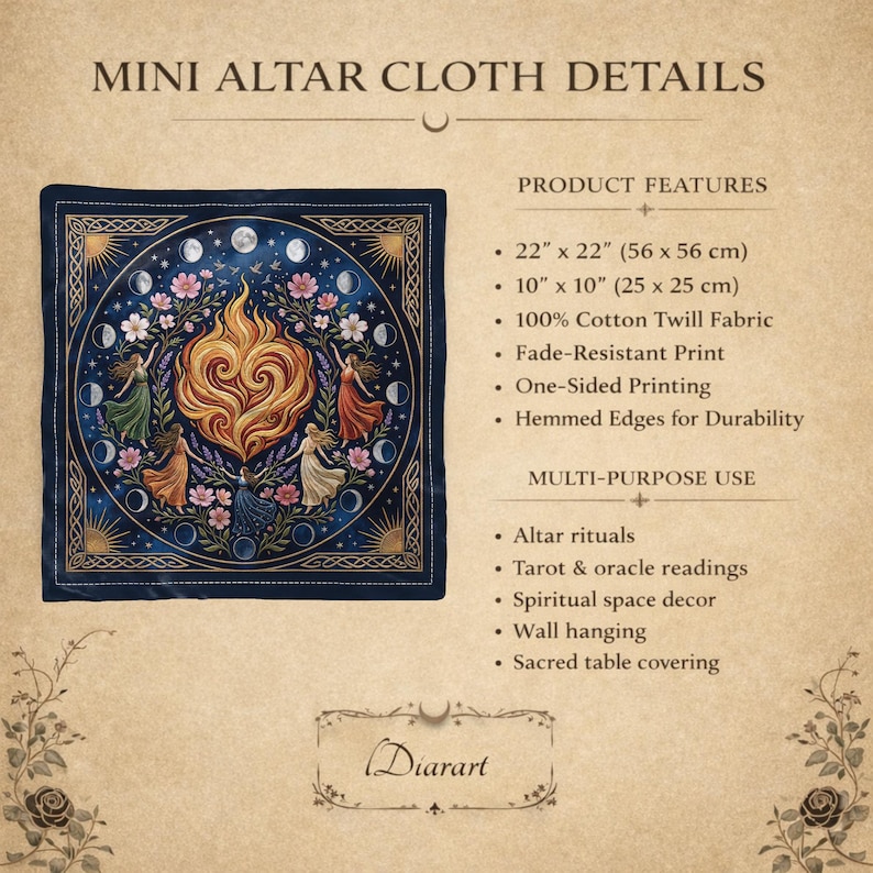 K&ouml;nnte beinhalten: Ein dunkelblaues Altartuch mit einem zentralen Flammendesign, umgeben von Figuren, Monden und Blumen. Das Tuch misst 56 x 56 cm und besteht aus Baumwoll-Twill-Gewebe. Der Text "MINI ALTAR CLOTH DETAILS" steht oben.