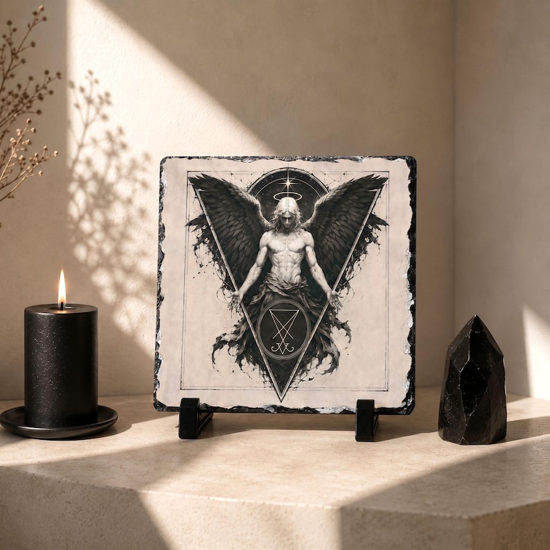 Puede incluir: Impresi&oacute;n en blanco y negro de un &aacute;ngel con grandes alas, sobre una piedra cuadrada. La obra de arte se exhibe en un soporte negro. Una vela negra y un cristal negro est&aacute;n cerca.