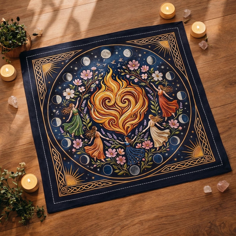 K&ouml;nnte beinhalten: Ein dunkelblaues quadratisches Wandtuch mit goldenem Rand. Das zentrale Design zeigt eine stilisierte Flamme, Frauen, Blumen und Mondphasen. Das Kunstwerk ist von einem goldenen keltischen Knotenmuster und Sonnenstrahlen umgeben.