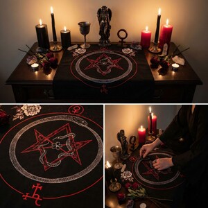 May include: A black altar cloth with a red and white embroidered pentagram design, surrounded by a snake. The scene includes candles, roses, and a statue, creating a mystical atmosphere.