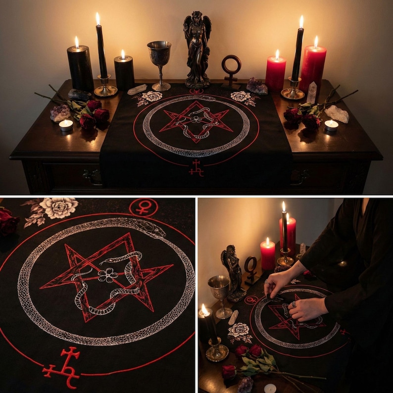 May include: A black altar cloth with a red and white embroidered pentagram design, surrounded by a snake. The scene includes candles, roses, and a statue, creating a mystical atmosphere.