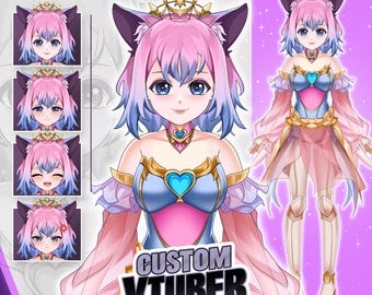 May include: A digital character illustration featuring a pink and blue-haired figure with cat ears, a gold crown, and a blue heart-shaped chest piece. The character wears a flowing dress with sheer sleeves and includes four facial expression variations.
