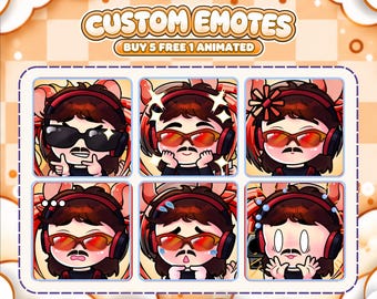 May include: A digital illustration set titled CUSTOM EMOTES BUY 5 FREE 1 ANIMATED featuring six chibi-style character icons. Each character has brown hair, a mustache, and red headphones, displaying various expressions like cool, happy, and shocked.