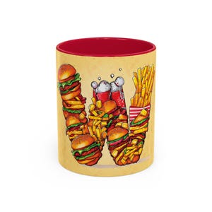 Divertida taza de café y té con la letra inicial W para amantes de la comida rápida, hamburguesas, hamburguesas con queso, papas fritas, perritos calientes y bebidas, regalo personalizado para ella o para él.