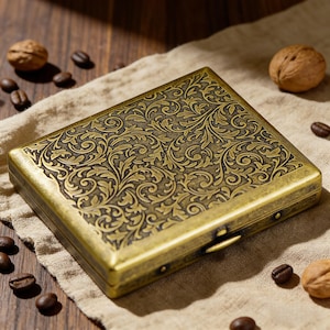 Vintage Bronze Engraved Cigarette Case, Custom Antique Floral Scroll Design Metal Pocket Box, Gift for Him Father, Birthday Groomsmen gift