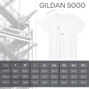 May include: A white Gildan 5000 t-shirt with measurements for width, length, and sleeve length. Sizes range from S to 5XL, with widths from 18.0 to 32.0 inches, lengths from 28.0 to 35.0 inches, and sleeve lengths from 15.1 to 25.0 inches.