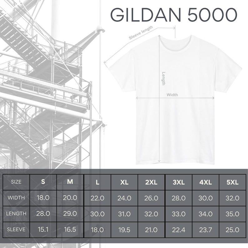 May include: A white Gildan 5000 t-shirt with measurements for width, length, and sleeve length. Sizes range from S to 5XL, with widths from 18.0 to 32.0 inches, lengths from 28.0 to 35.0 inches, and sleeve lengths from 15.1 to 25.0 inches.