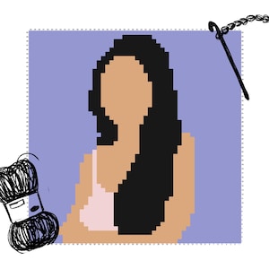 Op de afbeelding: Een pixel art-patroon van een persoon met lang zwart haar die een roze tanktop draagt tegen een paarse achtergrond. Het patroon is ontworpen voor haken.