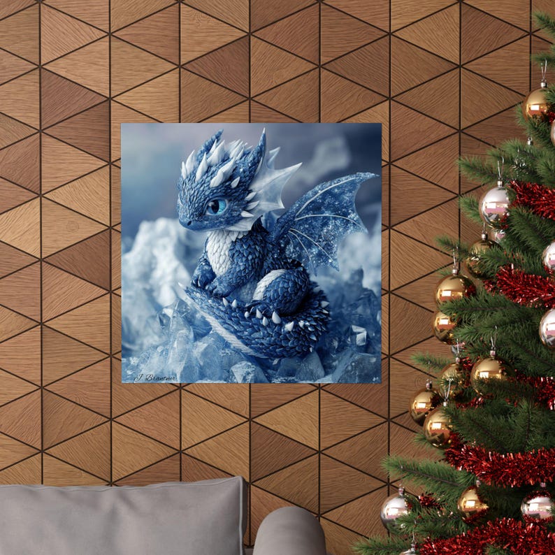 24x24 Inch Blue and White Baby Dragon Surrounded by Ice, Snow Crystals ...