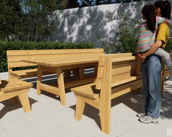 May include: A light-coloured wooden outdoor dining set consisting of a rectangular table, two long benches with backrests, and a single chair. The furniture features a natural wood grain finish, sturdy angled legs, and horizontal slat backrests.