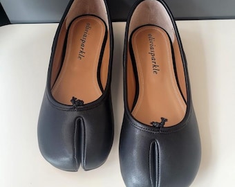 Zapatos Tabi de cuero negro hechos a mano, Mary Janes, bailarinas para mujer