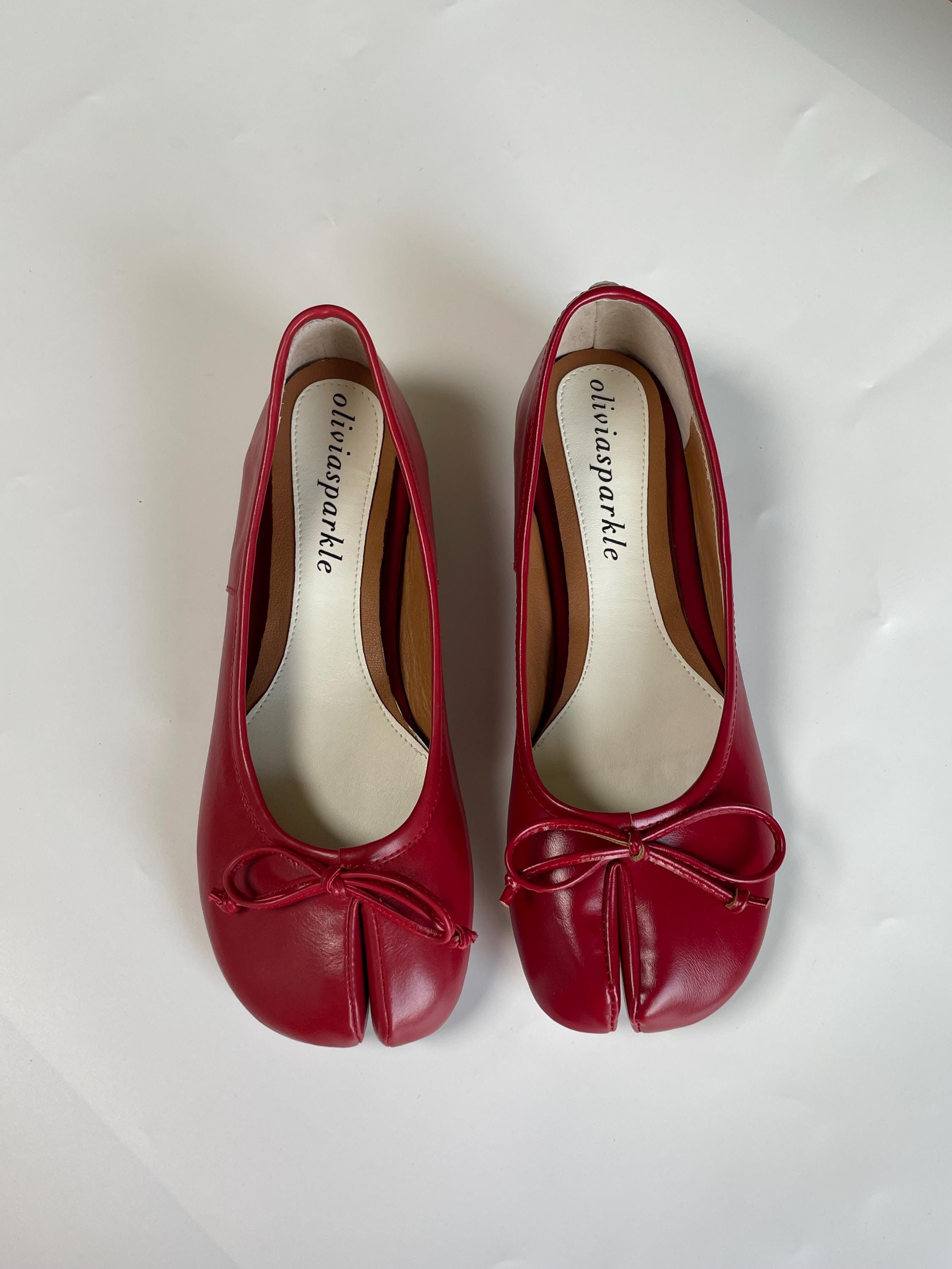Handmade Red Leather Tabi Flats: Vintage Split Toe Ballet Shoes