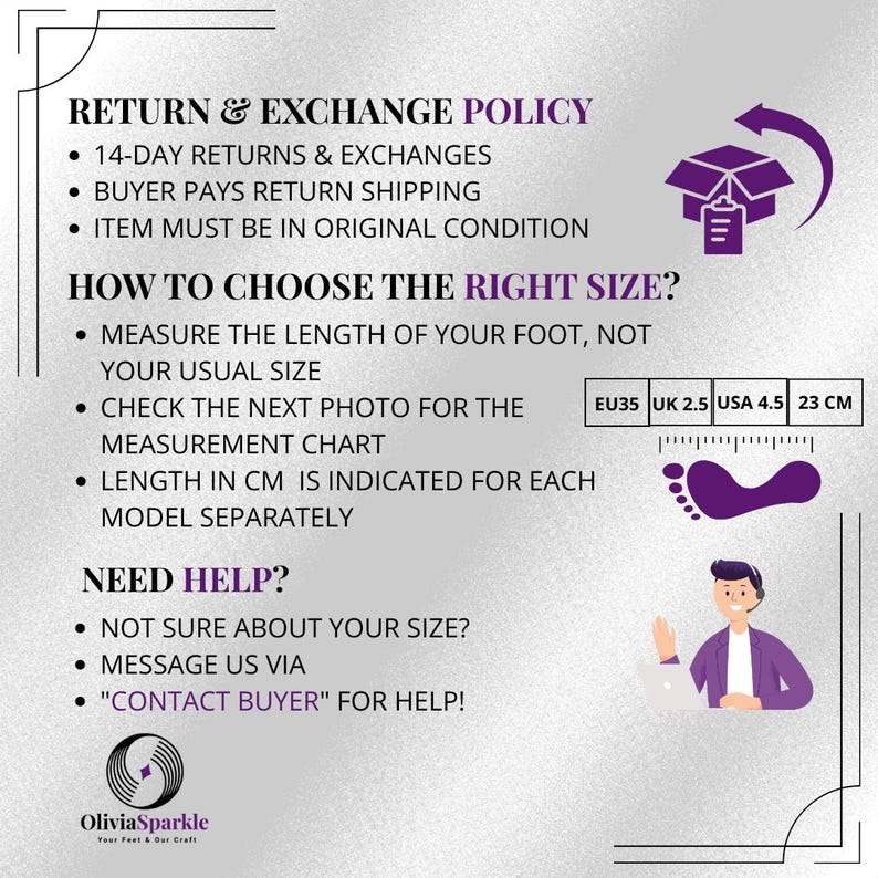 May include: An informational graphic with a silver background featuring text about return policies and sizing instructions. It includes a purple icon of a box, a purple footprint icon, and a purple illustration of a person. Text includes OliviaSparkle.