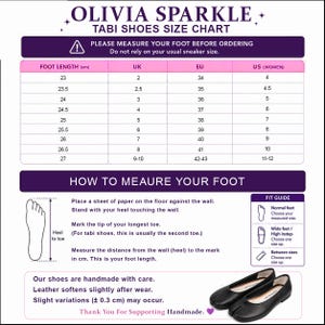 May include: A Tabi shoes size chart by Olivia Sparkle featuring a conversion table for foot length in cm to UK, EU, and US sizes. Includes instructions on how to measure your foot, a fit guide, and a pair of black split-toe leather flats.