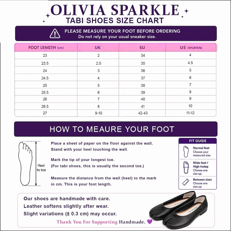 May include: A Tabi shoes size chart by Olivia Sparkle featuring a conversion table for foot length in cm to UK, EU, and US sizes. Includes instructions on how to measure your foot, a fit guide, and a pair of black split-toe leather flats.