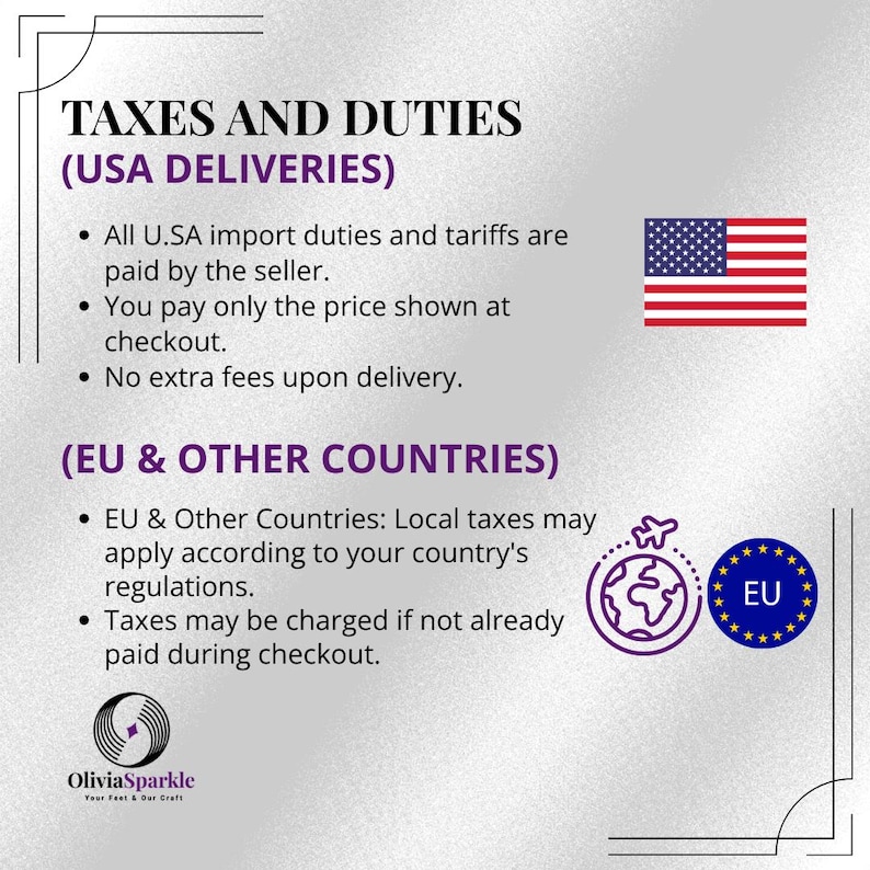 May include: An informational graphic titled TAXES AND DUTIES (USA DELIVERIES) and (EU & OTHER COUNTRIES) with bulleted text explaining import duties, tariffs, and local tax regulations. Includes a USA flag icon, a globe icon, and an EU emblem.