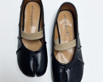 Handmade Black Leather Tabi Flats: Split Toe Mary Janes