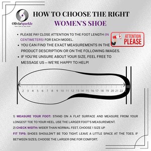May include: An instructional graphic titled HOW TO CHOOSE THE RIGHT WOMEN'S SHOE with a logo for OliviaSparkle. It features a black outline of a shoe insole with a ruler marked from 2 to 22 centimeters, alongside text instructions for measuring foot length.
