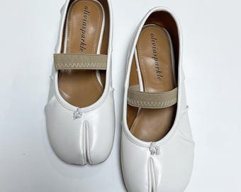 Handmade White Leather Strap Tabi | Split Toe Shoe | Mary Janes