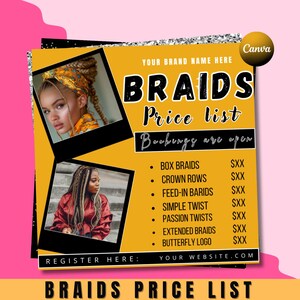 Braids Pricelist Flyer: Editable Beauty Salon Template (Digital Download)