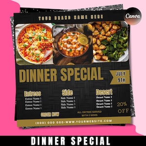 Ulotka specjalna na kolację | Edytowalny szablon menu Canva dla restauracji i kawiarni | Tygodniowa ulotka promująca jedzenie w mediach społecznościowych | Do pobrania w wersji do druku