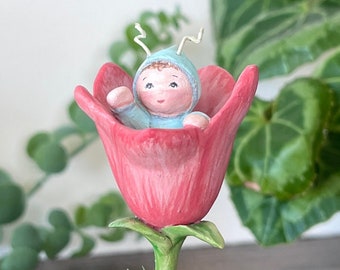 Miniature baby in flower, Paper mache sculpture, Handmade pink tulip, Springtime decoration, Okubo Originals One of a Kind Spring home decor