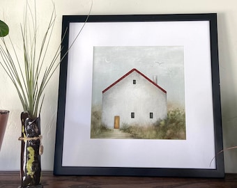 Giclee fine art print (archival watercolor paper)  12"x12"  Minimal Design "House in the Country Red Roof"  illustration by Okubo Originals