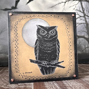 Halloween Wood Block Art Print, Okubo Originals, Owl Illustration, Classic Halloween Decor, Handmade Vintage Halloween Art, Owl Wall Decor