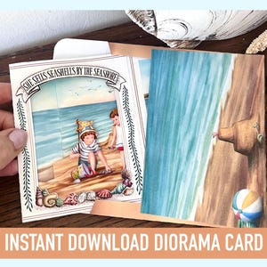 Diorama Pop Up Karte, Drucken und schneiden, Papierkunst, SVG-Schnittdateien, Cricut, Silhouette, Vintage Strandszene, Okubo Originale, Download DIY Kit