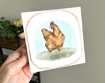 Red chicken print, Farmhouse decor, Nursery gift, Chicken art on birch wood block, Okubo Originals, Wall hanging, Framed animal print