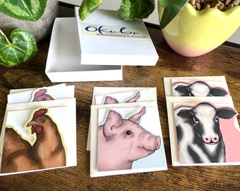 Blank note cards gift pack,  Spring farm animal set, Farmhouse design, Okubo Originals, Dairy cow, Spring chicken, Pink pig, Spring gift set