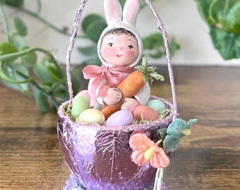 Easter bunny in a basket, Miniature Easter paper mache sculpture Easter, Easter bunny boy, Okubo Originals decoration, Springtime display