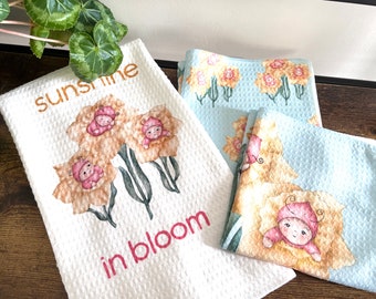 Hand towel, Tea towels, Kitchen towel, Wash cloth, Spring floral design for gift giving, Waffle towel, Bathroom towel and washcloth