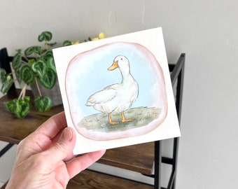 White duck print, Farmhouse decor, Nursery gift, Duck art on birch wood block, Okubo Originals, Wall hanging, Framed animal print