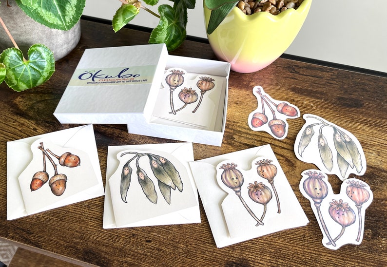 Blank note cards and sticker gift pack, Spring botanical set, Nature design, Okubo Originals, Acorn, Poppy seed, Ash seed, Spring gift set image 2