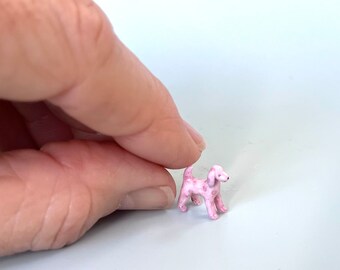 Miniature pink dog toy, Dog figurine, Pink Polka dot ceramic dog, Chris Okubo Orginals
