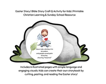 Può includere: Un'attività di artigianato e storia biblica di Pasqua stampabile per bambini. L'immagine mostra un'illustrazione di cartoni animati di Gesù che cavalca un asino a Gerusalemme. Il testo recita "Gesù cavalcò un asino a Gerusalemme, e la gente agitò rami di palma, gridando "Osanna!" Include 6 pagine illustrate con un linguaggio semplice e immagini coinvolgenti. I bambini possono creare il proprio libro di storie tagliando, incollando e leggendo la storia di Pasqua!"
