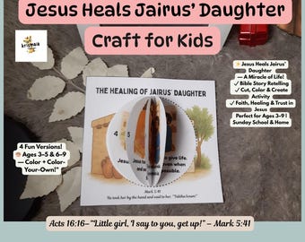 May include: A craft kit for kids with the text "Jesus Heals Jairus' Daughter" and "Craft for Kids." The kit includes a pop-up book with illustrations and text, and additional text that says "Bible Story Retelling" and "Cut, Color & Create Activity."