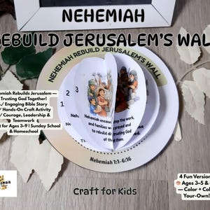Puede incluir: Un proyecto de manualidades para niños con un modelo de papel circular que muestra el texto "Nehemiah Rebuild Jerusalem's Wall". El modelo incluye ilustraciones y texto, con "Craft for Kids" en la parte inferior. Para niños de 3 a 9 años.