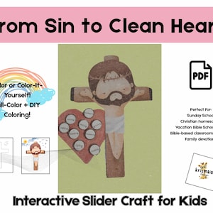 Może przedstawiać: Drukowana praca ręczna dla dzieci z elementem przesuwanym w postaci serca i figurką Jezusa na krzyżu. Praca nosi tytuł "From Sin to Clean Heart" i zawiera instrukcje do kolorowania lub samodzielnego kolorowania. Praca jest opisana jako idealna do niedzielnej szkoły, chrześcijańskiego nauczania domowego, wakacyjnej szkoły biblijnej, zajęć w klasie opartych na Biblii i rodzinnych nabożeństw.