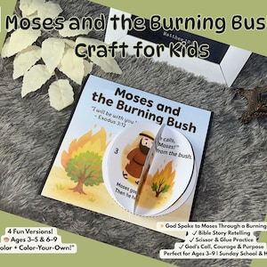 May include: A craft kit titled "Moses and the Burning Bush" for kids, featuring a colorful illustration of Moses and a burning bush. The kit includes Bible story retelling, scissor and glue practice, and is designed for ages 3-9. The text on the kit says "Color + Color-Your-Own!"